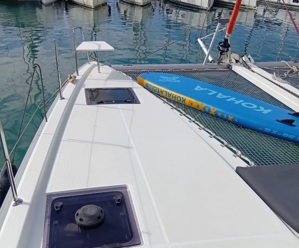 Deck of Amare II, a Excess 11 catamaran at Kontokali, Greece