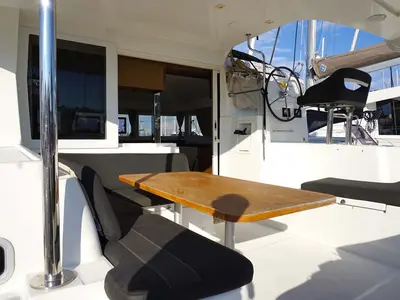Cockpit of Jessica, a Lagoon 40 catamaran at Kontokali, Greece