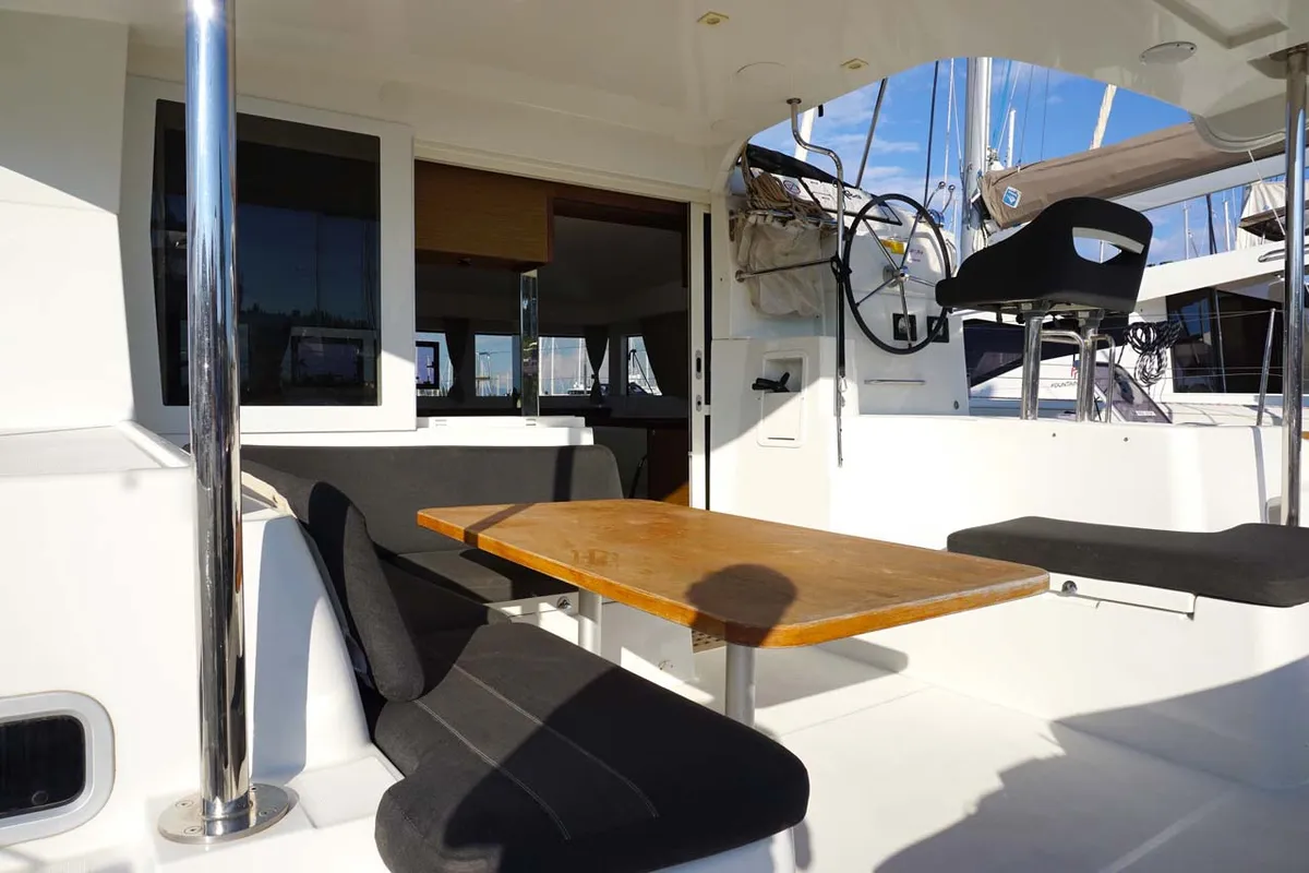 Cockpit of Jessica, a Lagoon 40 catamaran at Kontokali, Greece