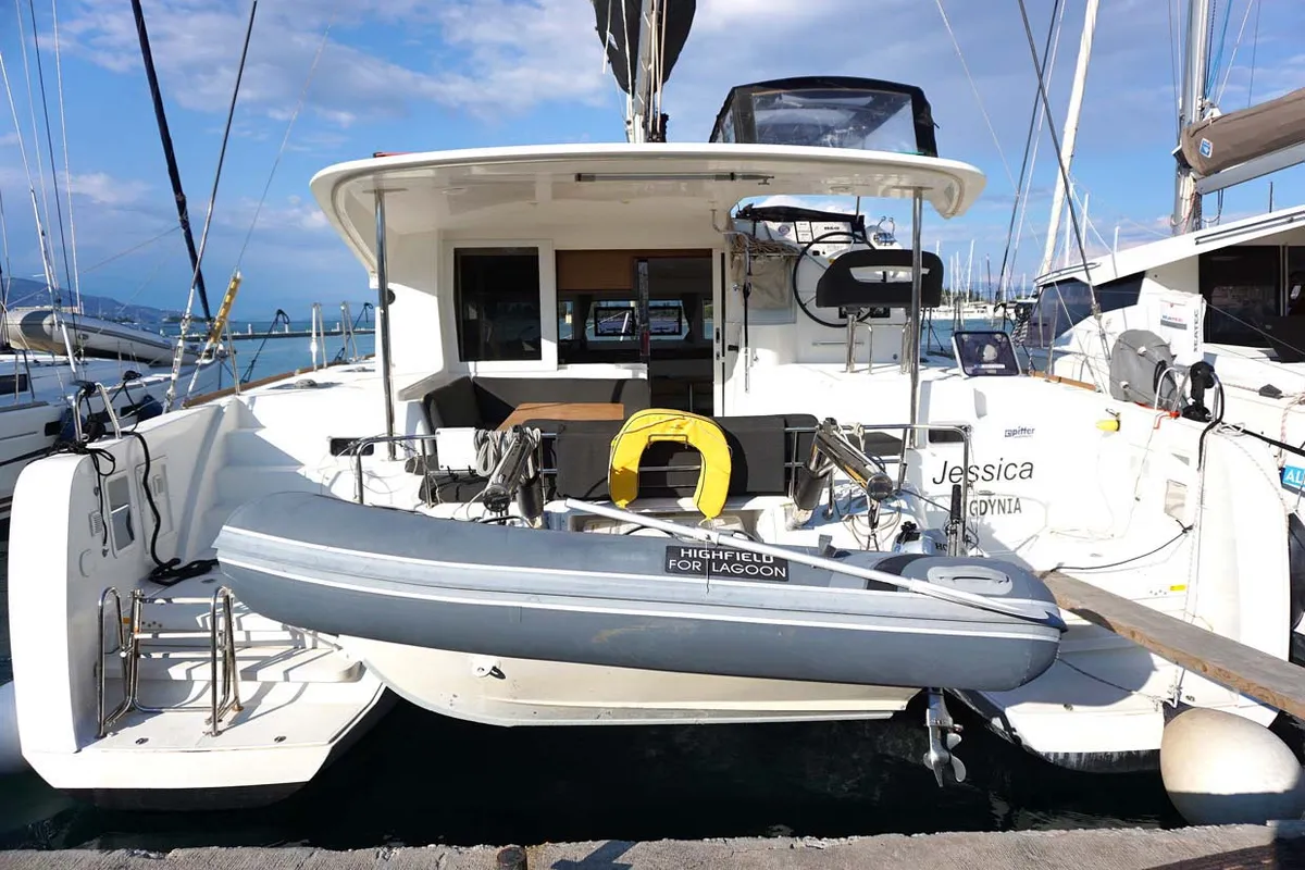 Exterior view of Jessica, a Lagoon 40 catamaran at Kontokali, Greece