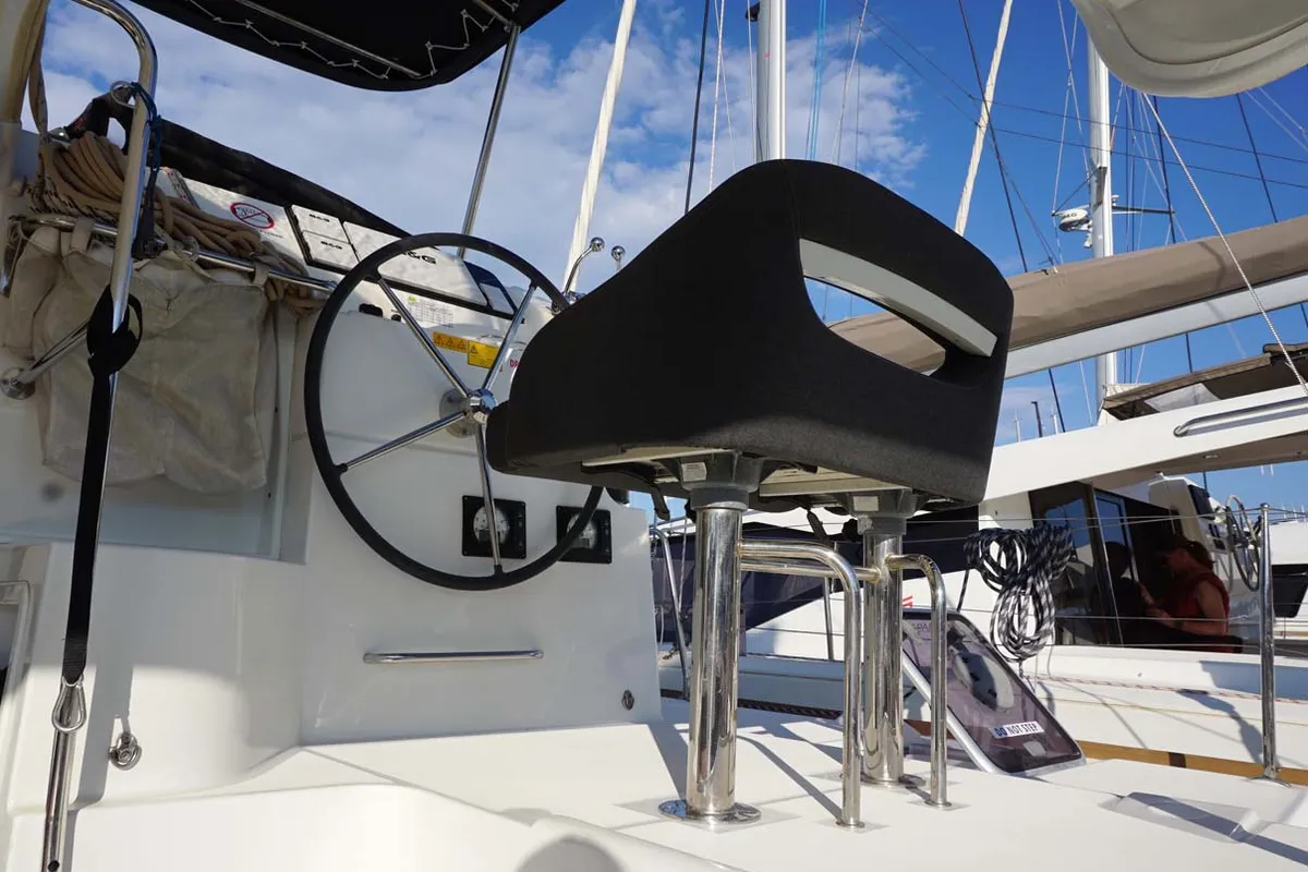 Cockpit of Jessica, a Lagoon 40 catamaran at Kontokali, Greece