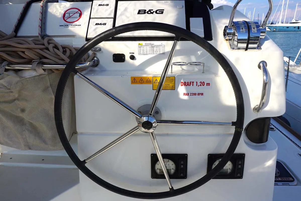 Cockpit of Jessica, a Lagoon 40 catamaran at Kontokali, Greece