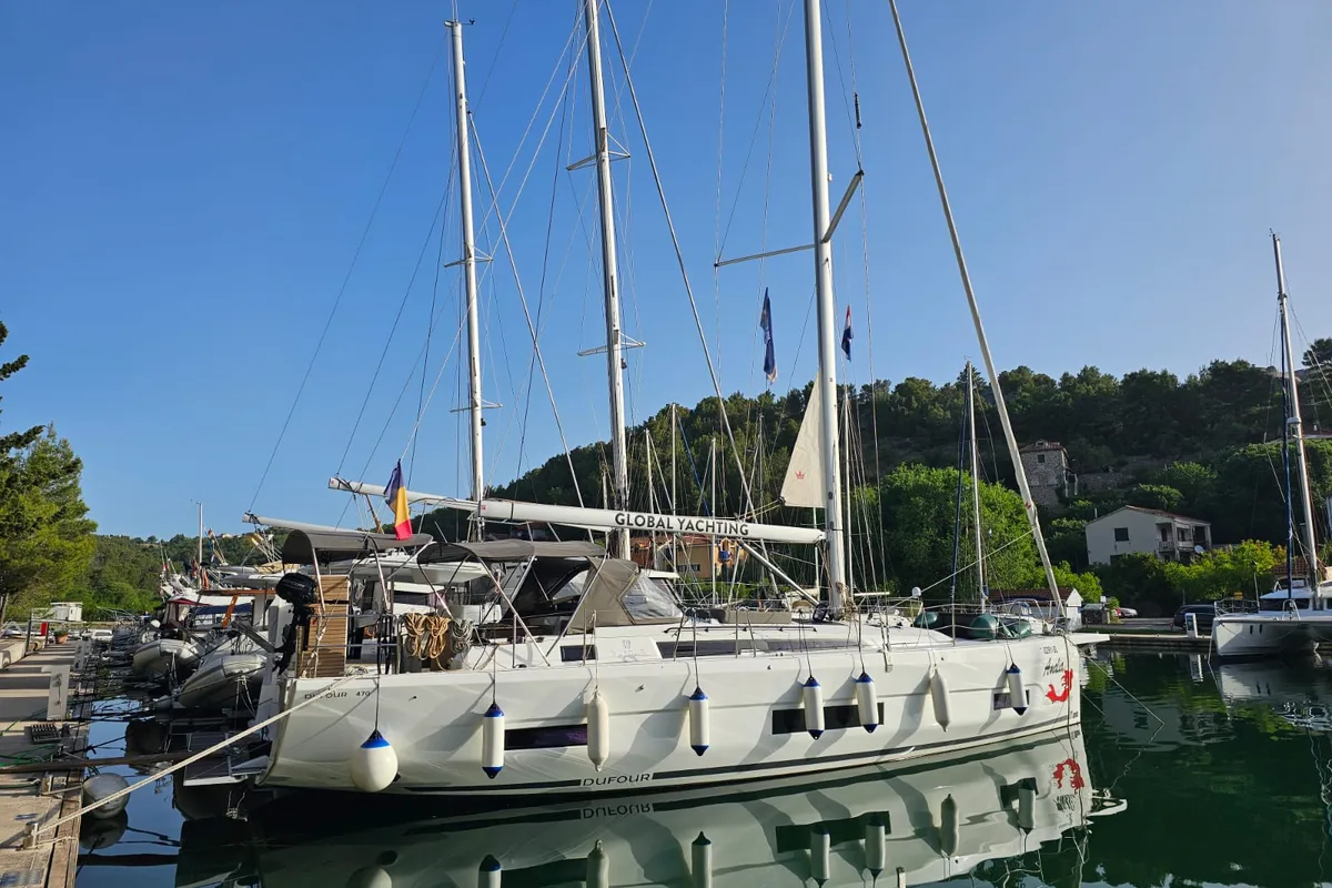 Exterior view of Amalia, a Dufour 470 sailboat at Skradin, Croatia