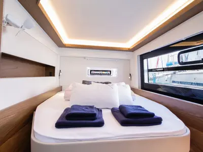 Cabin on Aelia, a Nautitech 46 Fly catamaran at Kontokali, Greece