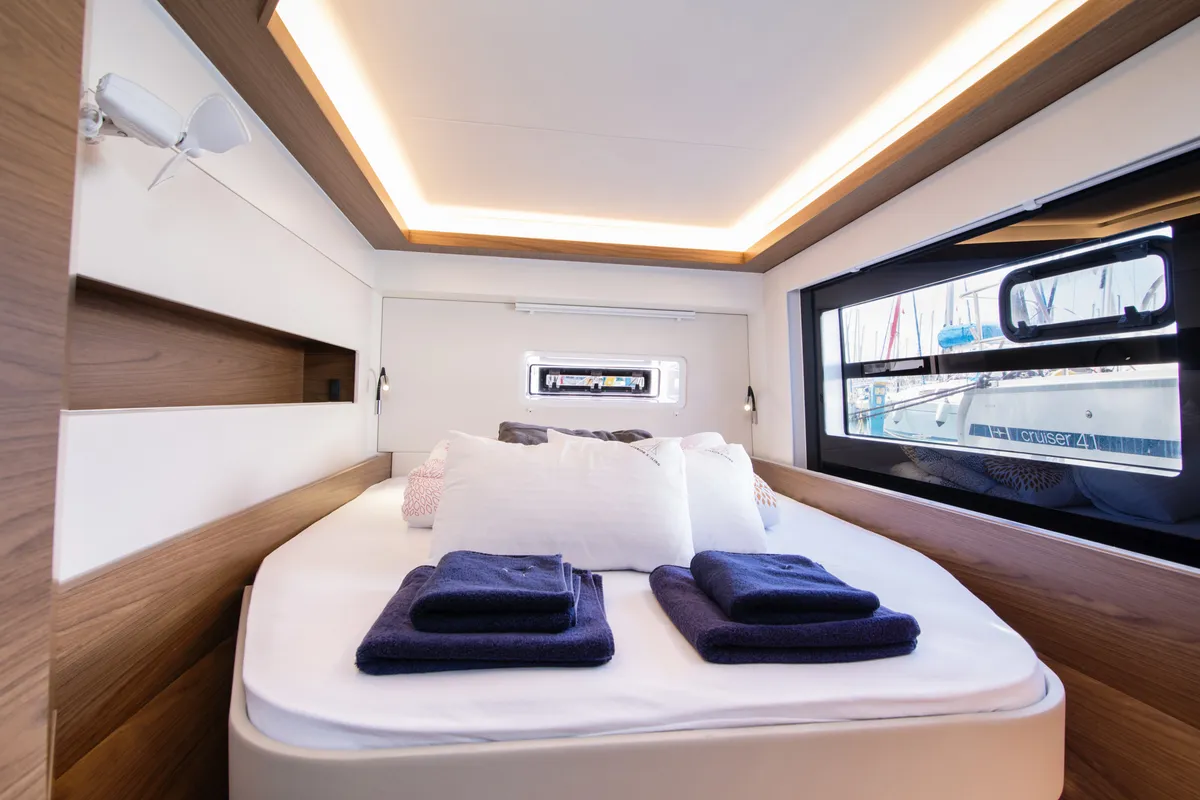 Cabin on Aelia, a Nautitech 46 Fly catamaran at Kontokali, Greece