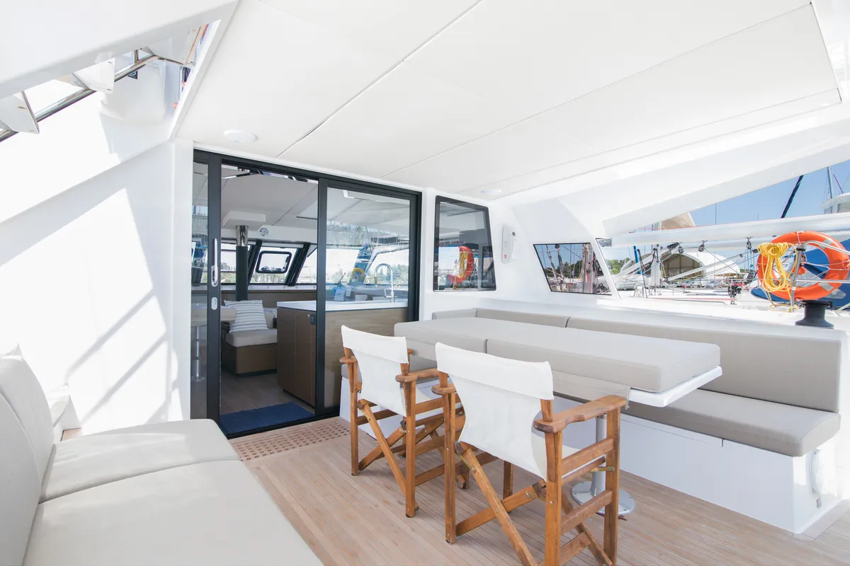 Deck of Aelia, a Nautitech 46 Fly catamaran at Kontokali, Greece