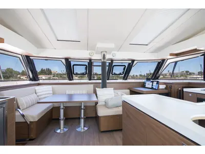 Salon of Aelia, a Nautitech 46 Fly catamaran at Kontokali, Greece