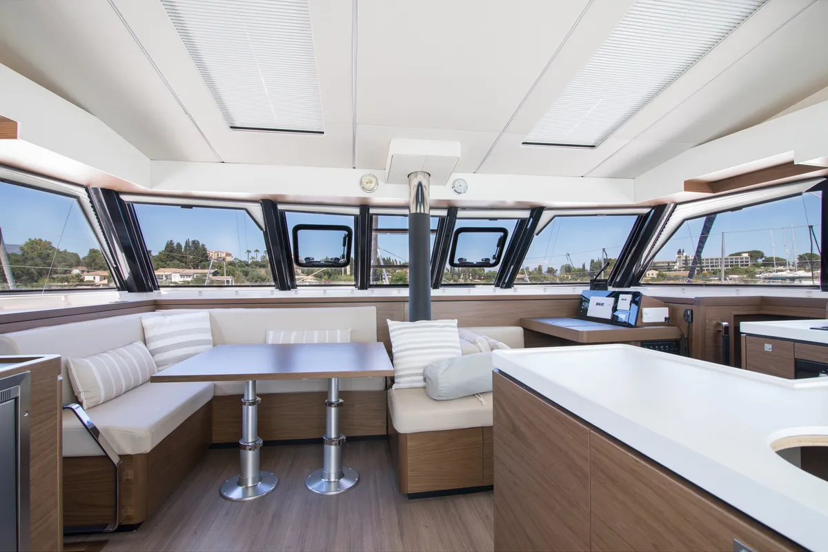 Salon of Aelia, a Nautitech 46 Fly catamaran at Kontokali, Greece