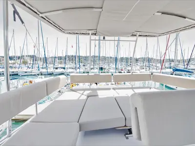 Deck of Aelia, a Nautitech 46 Fly catamaran at Kontokali, Greece