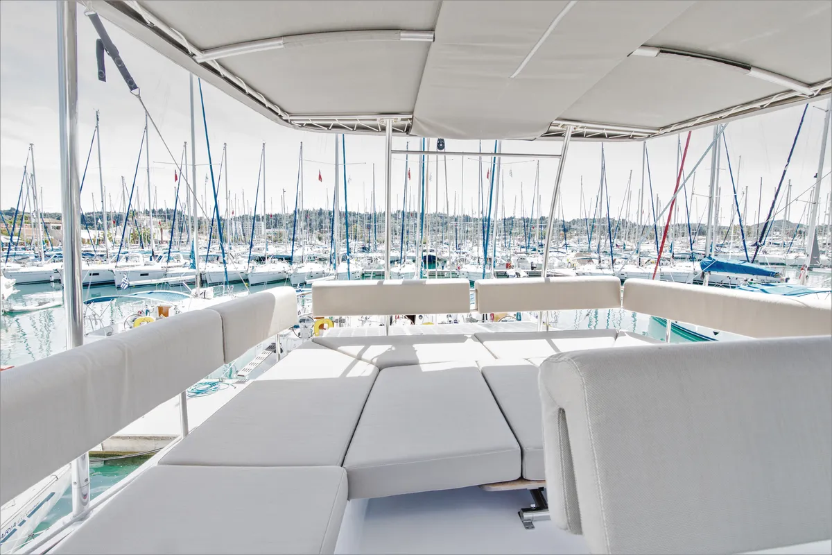 Deck of Aelia, a Nautitech 46 Fly catamaran at Kontokali, Greece