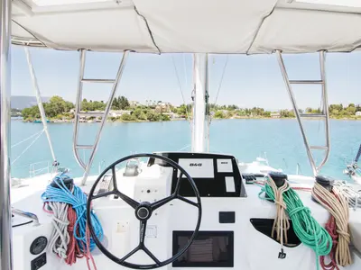 Cockpit of Aelia, a Nautitech 46 Fly catamaran at Kontokali, Greece