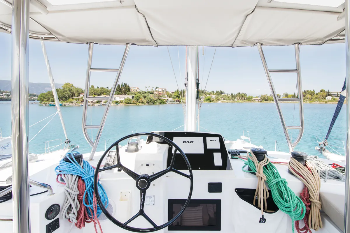 Cockpit of Aelia, a Nautitech 46 Fly catamaran at Kontokali, Greece