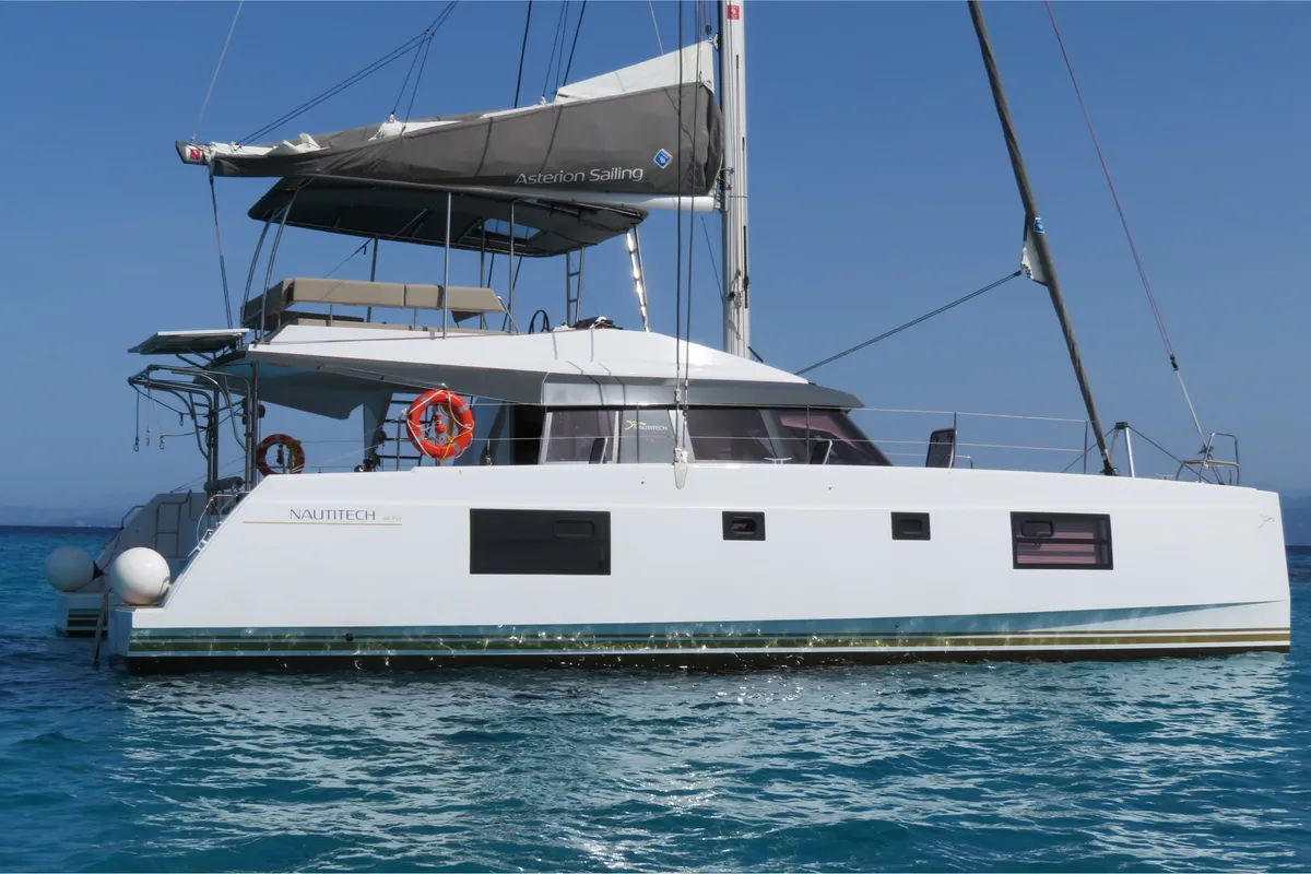 Exterior view of Aelia, a Nautitech 46 Fly catamaran at Kontokali, Greece