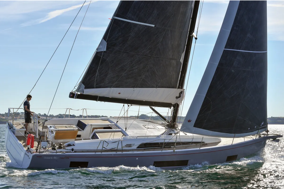 Exterior view of Entre Deux Poles, a Beneteau Oceanis 46.1 sailboat at Vallauris, France