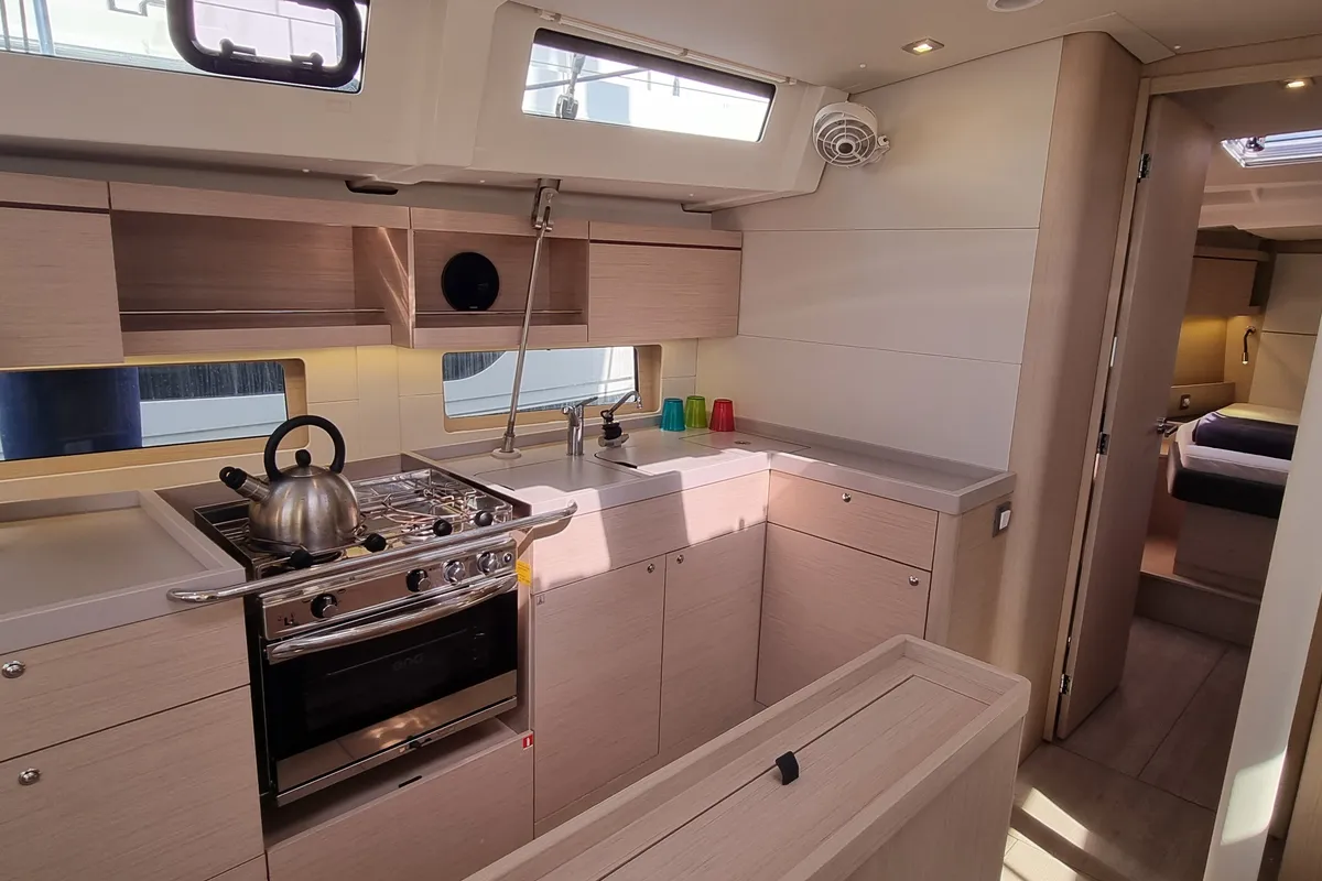 Galley of Entre Deux Poles, a Beneteau Oceanis 46.1 sailboat at Vallauris, France