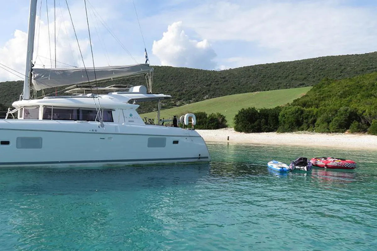 Exterior view of Nirvana, a Lagoon 421 catamaran at Municipal Unit of Lefkada, Greece