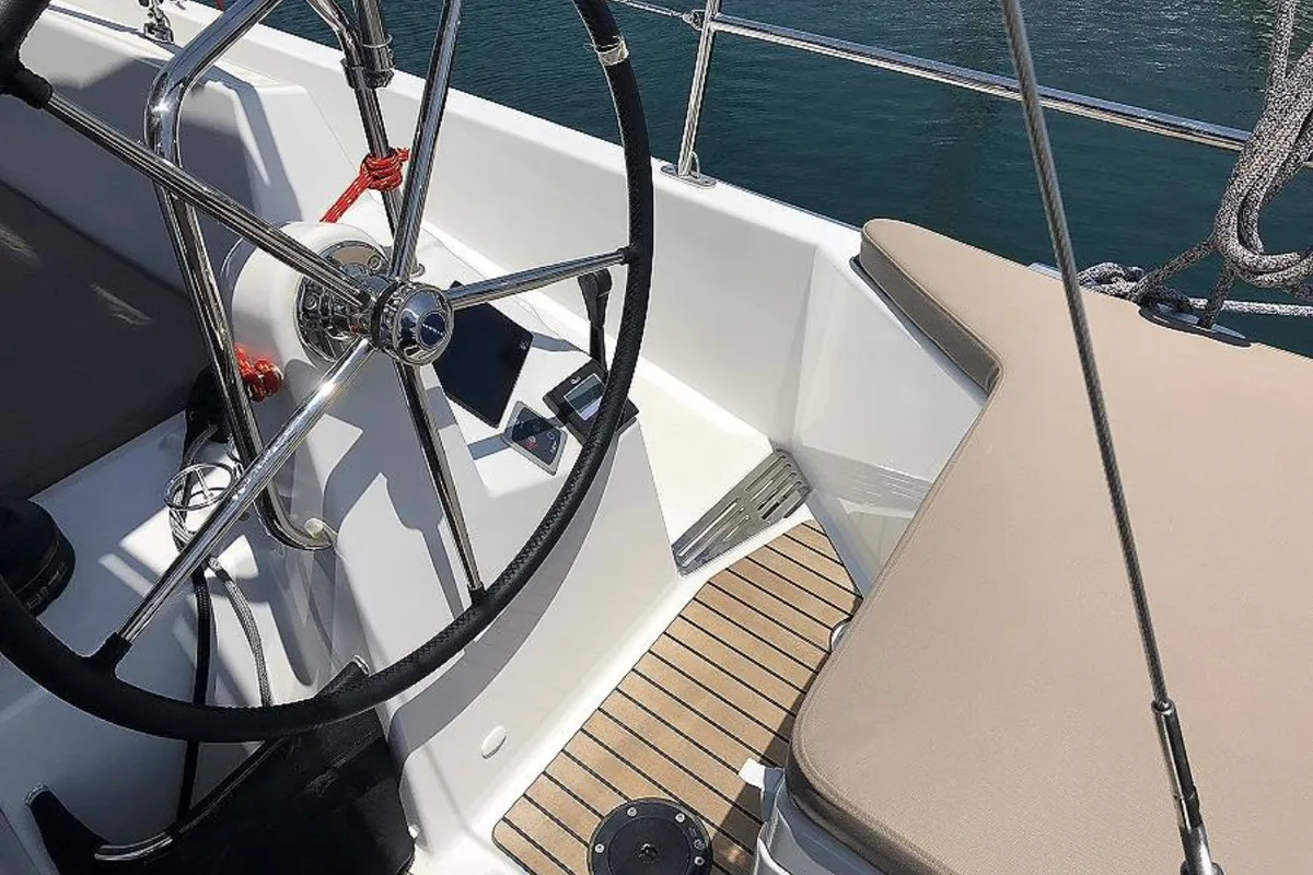 Cockpit of Tikal 3, a Jeanneau Sun Odyssey 440 sailboat at Municipal Unit of Lefkada, Greece