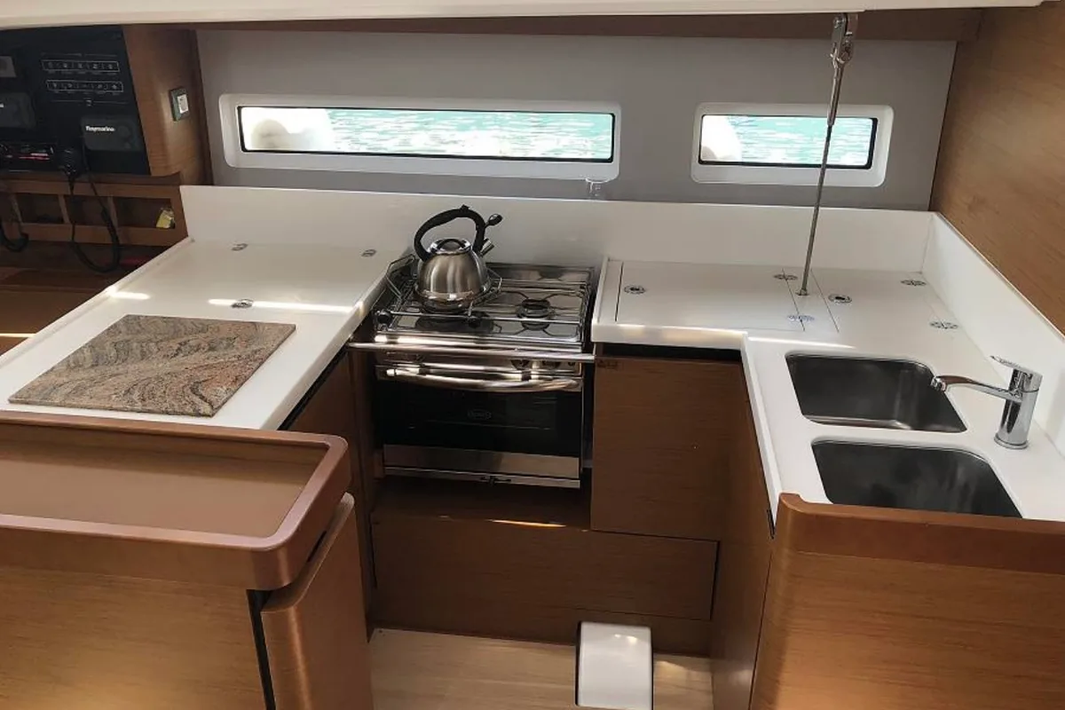 Galley of Tikal 3, a Jeanneau Sun Odyssey 440 sailboat at Municipal Unit of Lefkada, Greece