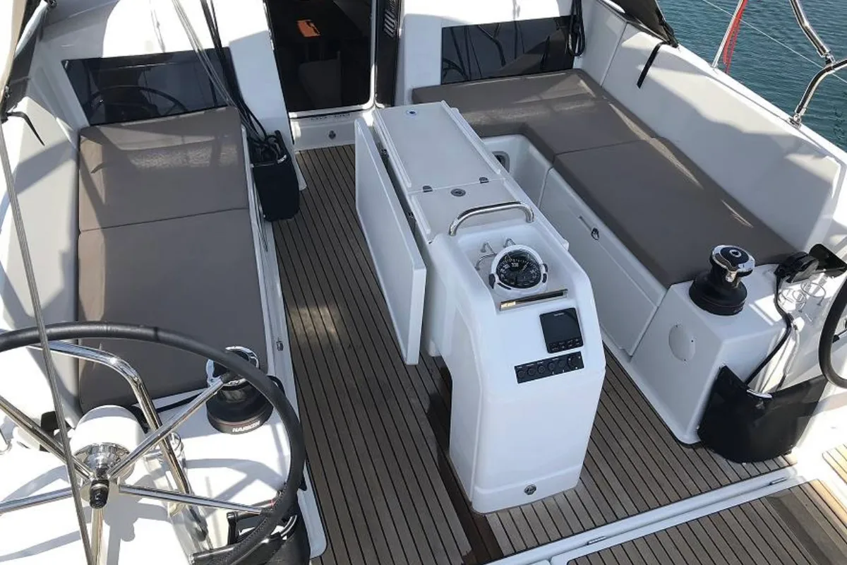 Cockpit of Tikal 3, a Jeanneau Sun Odyssey 440 sailboat at Municipal Unit of Lefkada, Greece