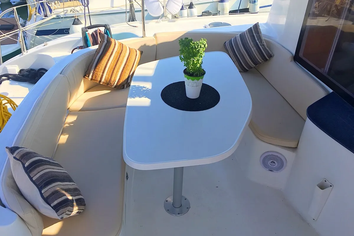 Deck of Victoria, a Fountaine Pajot Lavezzi 40 catamaran at Sithonia Municipal Unit, Greece