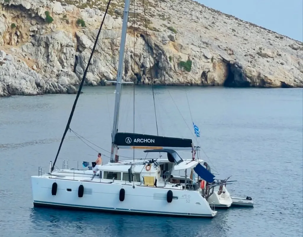 Exterior view of Utopia, a Lagoon 400 S2 catamaran at Kos, Greece