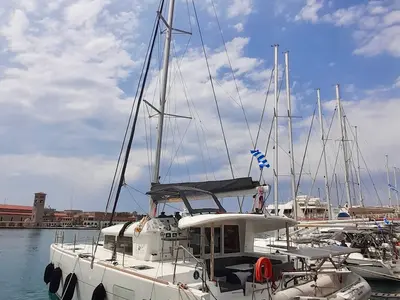 Exterior view of Utopia, a Lagoon 400 S2 catamaran at Kos, Greece