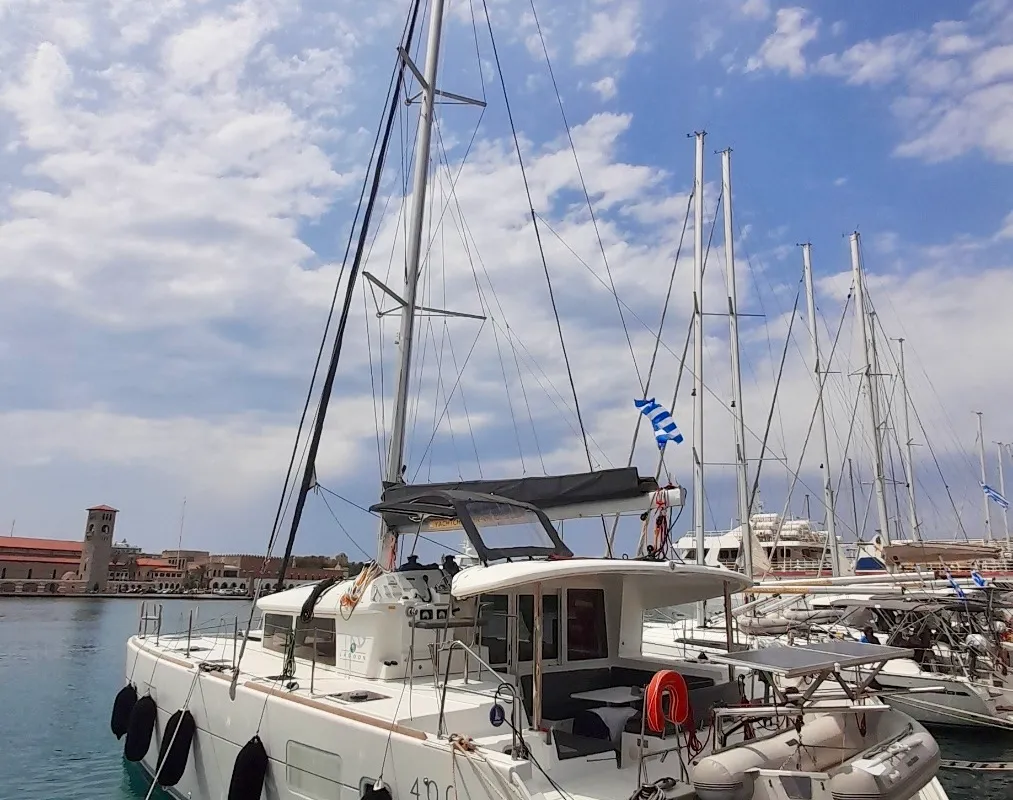 Exterior view of Utopia, a Lagoon 400 S2 catamaran at Kos, Greece