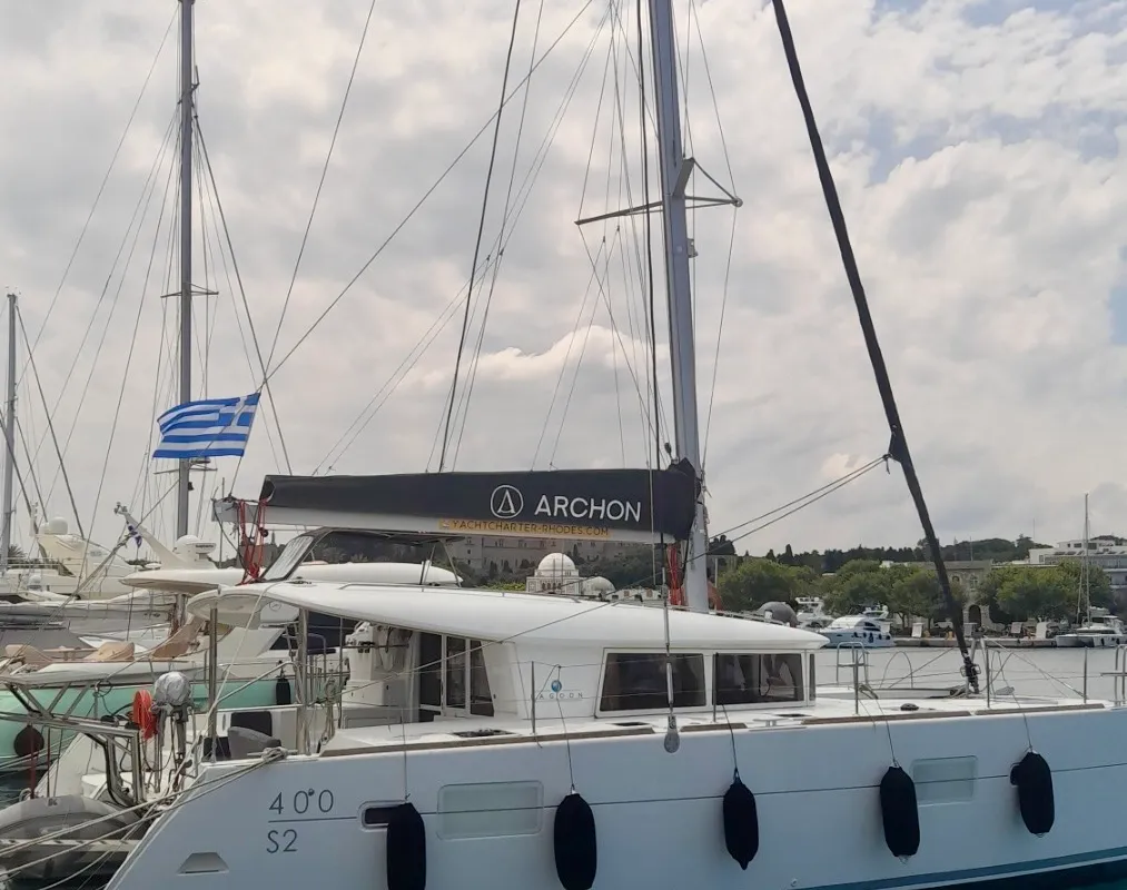 Exterior view of Utopia, a Lagoon 400 S2 catamaran at Kos, Greece