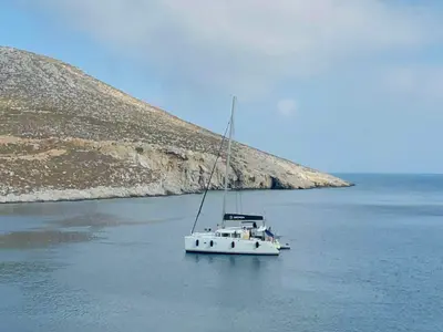 Exterior view of Utopia, a Lagoon 400 S2 catamaran at Kos, Greece
