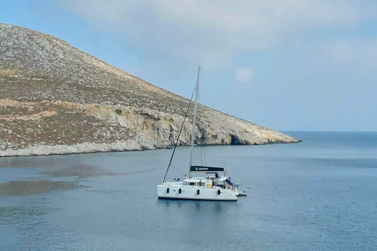 Exterior view of Utopia, a Lagoon 400 S2 catamaran at Kos, Greece
