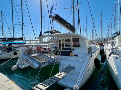 Exterior view of Utopia, a Lagoon 400 S2 catamaran at Kos, Greece