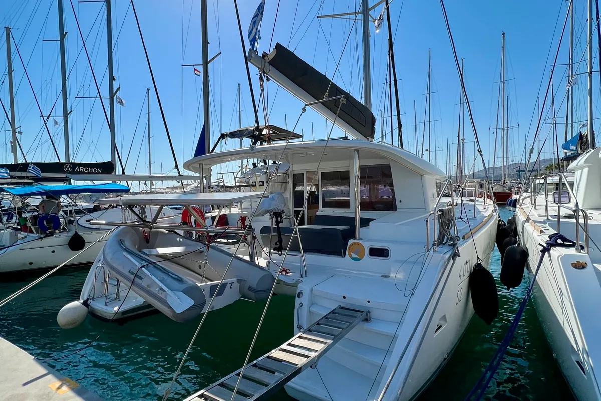 Exterior view of Utopia, a Lagoon 400 S2 catamaran at Kos, Greece