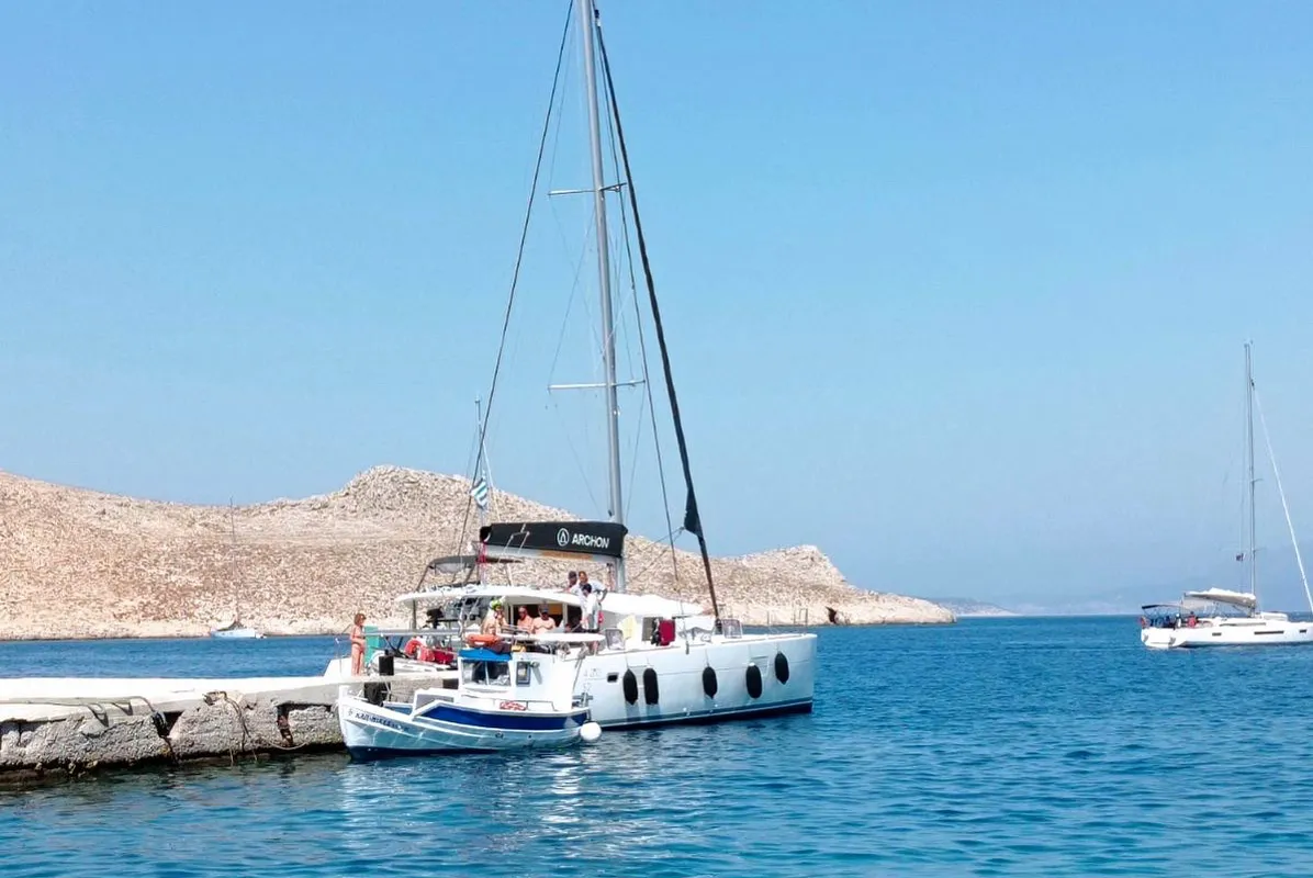 Exterior view of Utopia, a Lagoon 400 S2 catamaran at Kos, Greece
