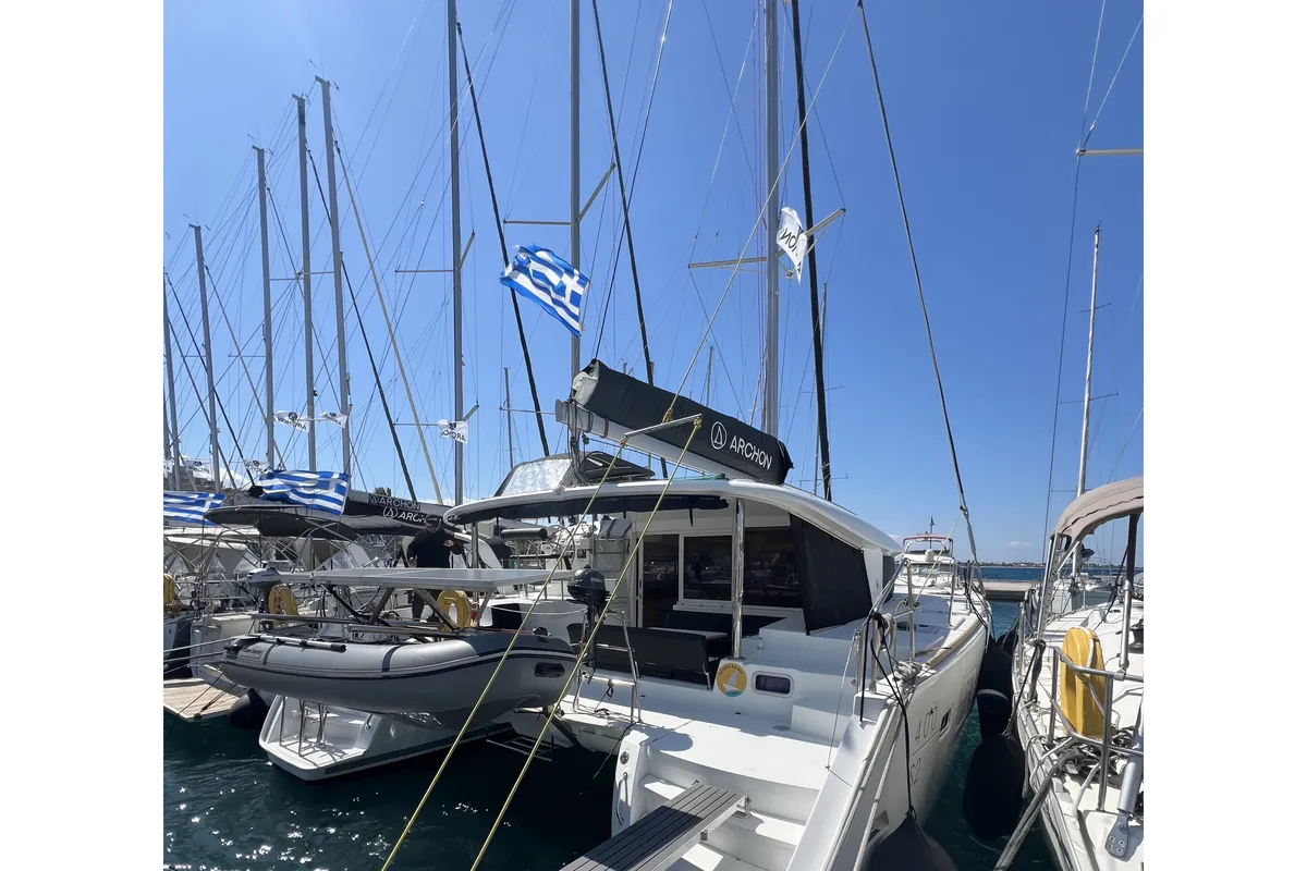Exterior view of Utopia, a Lagoon 400 S2 catamaran at Kos, Greece