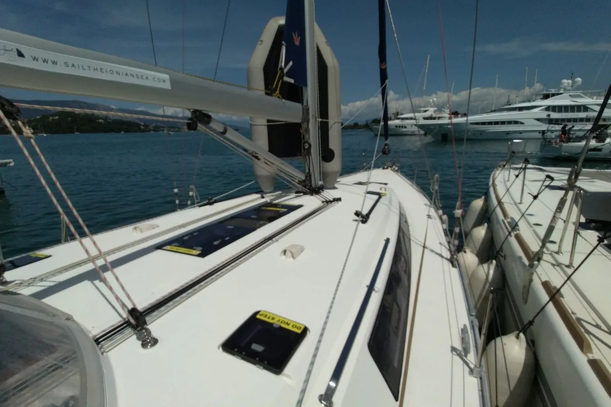 Deck of Gin Tonic, a Bavaria 51 Cruiser sailboat at Kontokali, Greece