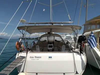 Cockpit of Gin Tonic, a Bavaria 51 Cruiser sailboat at Kontokali, Greece