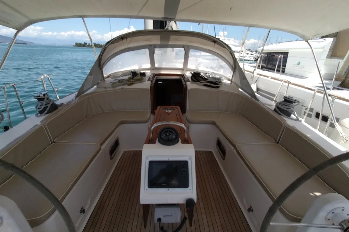Cockpit of Gin Tonic, a Bavaria 51 Cruiser sailboat at Kontokali, Greece