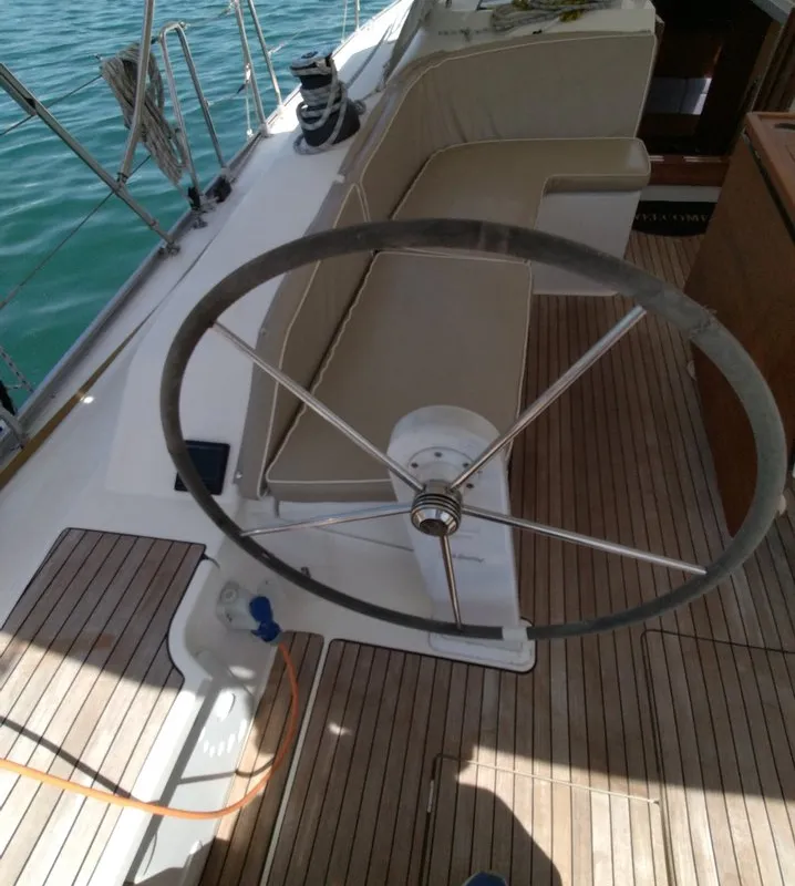 Cockpit of Gin Tonic, a Bavaria 51 Cruiser sailboat at Kontokali, Greece