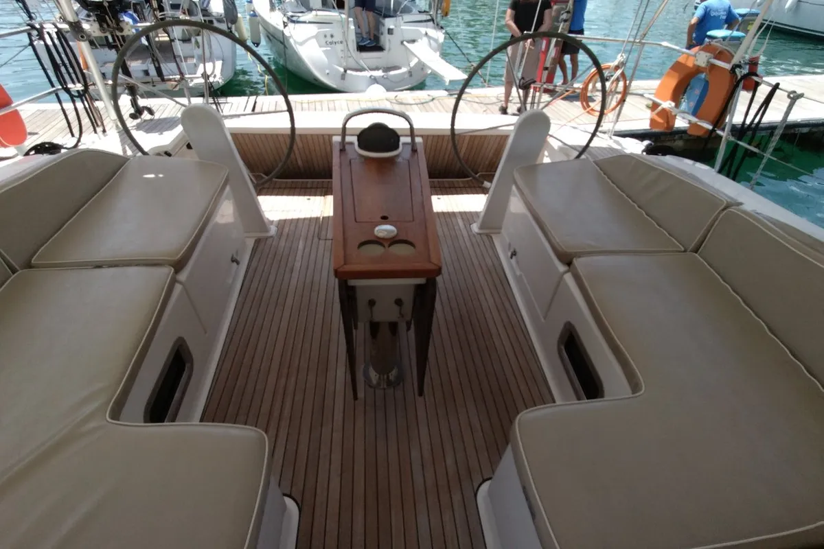 Cockpit of Gin Tonic, a Bavaria 51 Cruiser sailboat at Kontokali, Greece