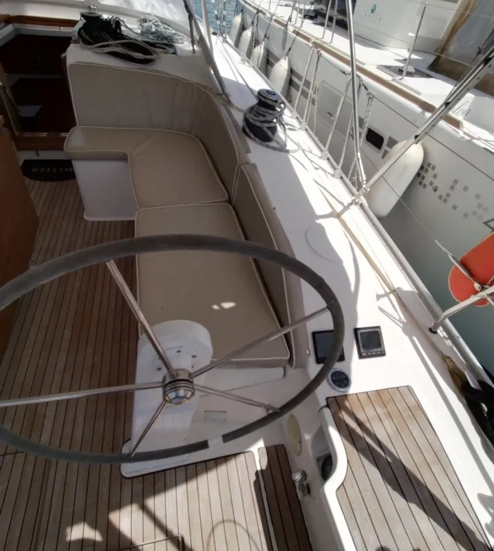 Cockpit of Gin Tonic, a Bavaria 51 Cruiser sailboat at Kontokali, Greece