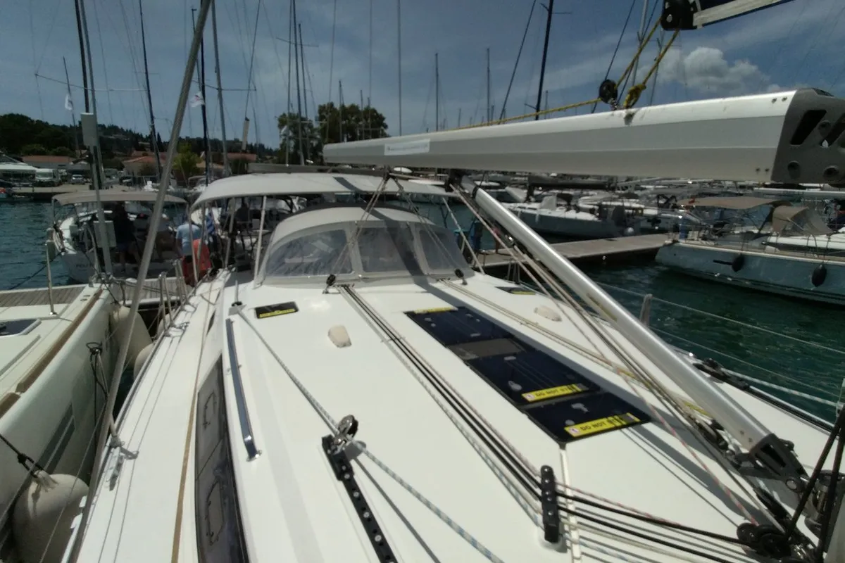 Deck of Gin Tonic, a Bavaria 51 Cruiser sailboat at Kontokali, Greece