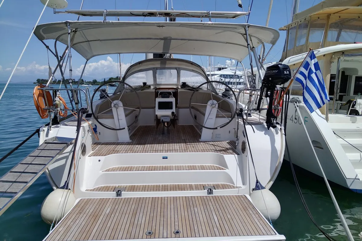 Deck of Gin Tonic, a Bavaria 51 Cruiser sailboat at Kontokali, Greece