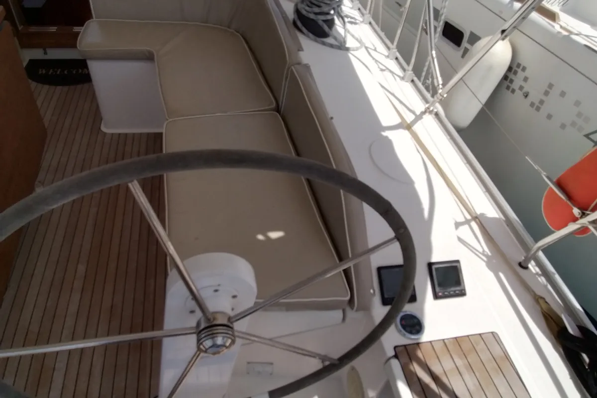 Cockpit of Gin Tonic, a Bavaria 51 Cruiser sailboat at Kontokali, Greece