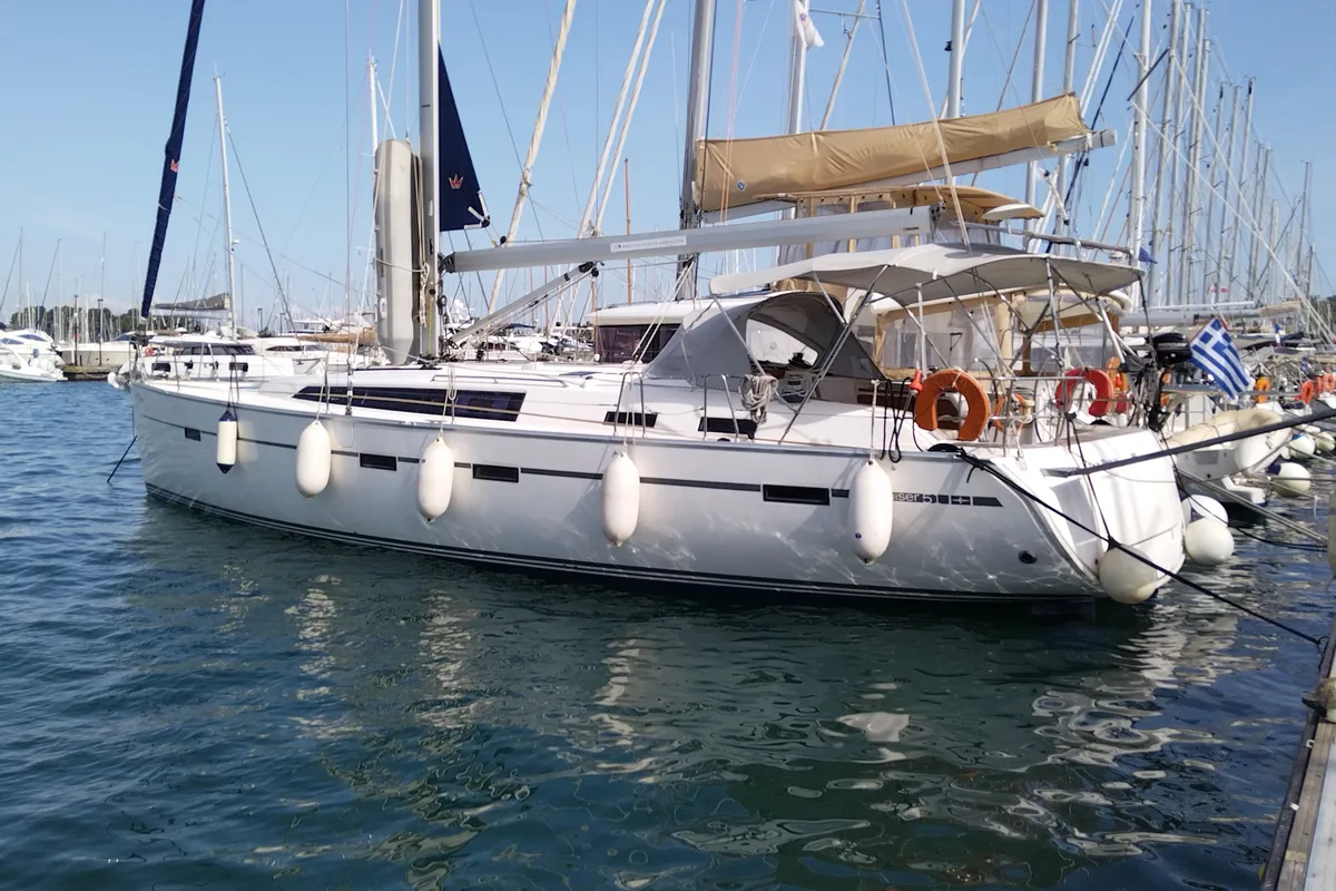 Exterior view of Gin Tonic, a Bavaria 51 Cruiser sailboat at Kontokali, Greece