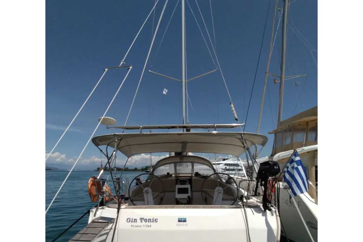 Exterior view of Gin Tonic, a Bavaria 51 Cruiser sailboat at Kontokali, Greece