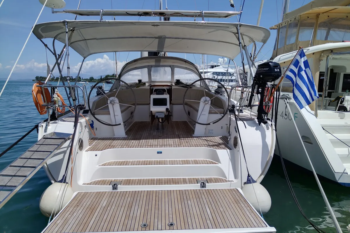 Deck of Gin Tonic, a Bavaria 51 Cruiser sailboat at Kontokali, Greece