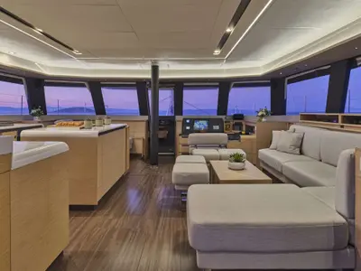 Salon of Serenissima, a Fountaine Pajot Alegria 67 catamaran at Nea Peramos, Greece