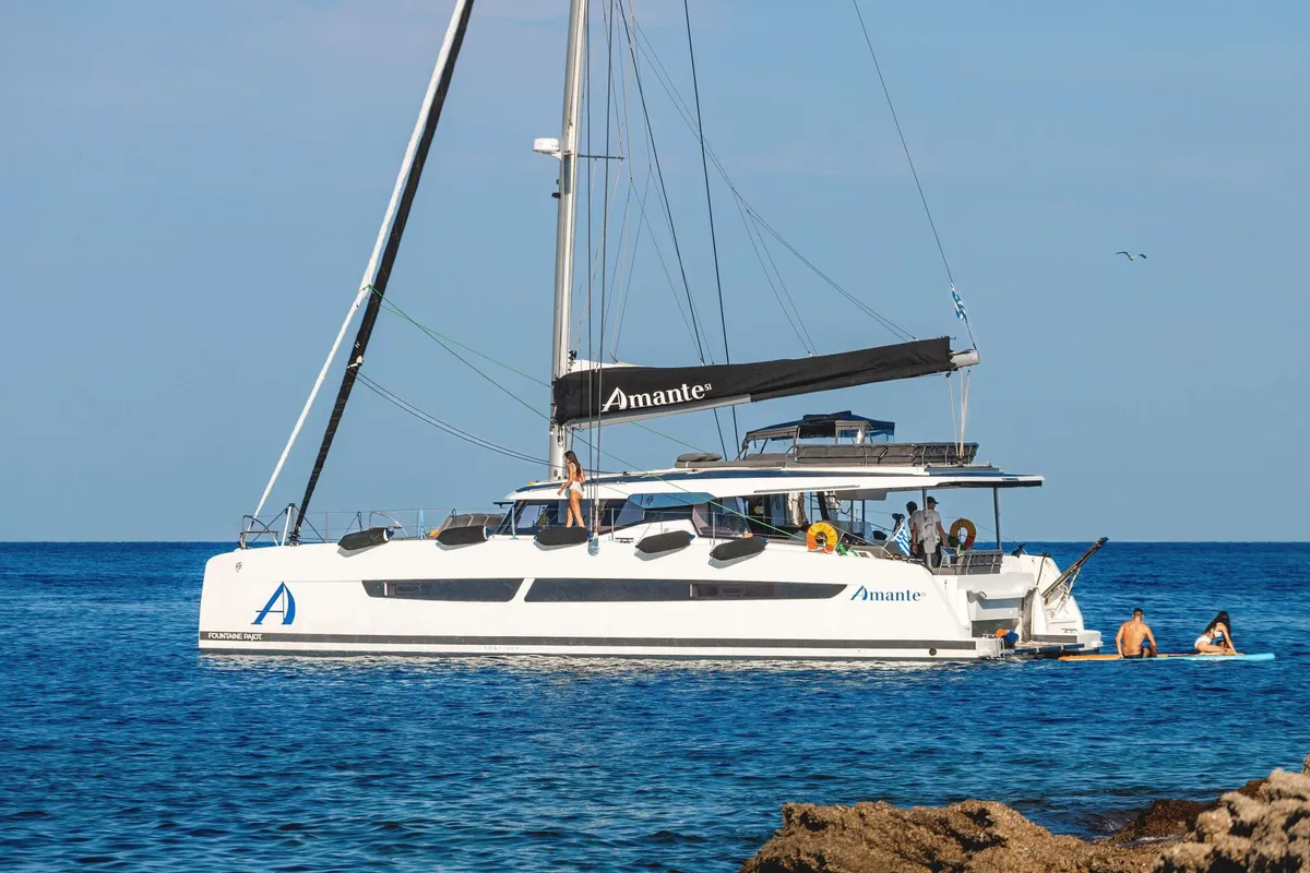 Amante, a Fountaine Pajot Aura 51 catamaran at Municipal Unit of Rhodes, Greece