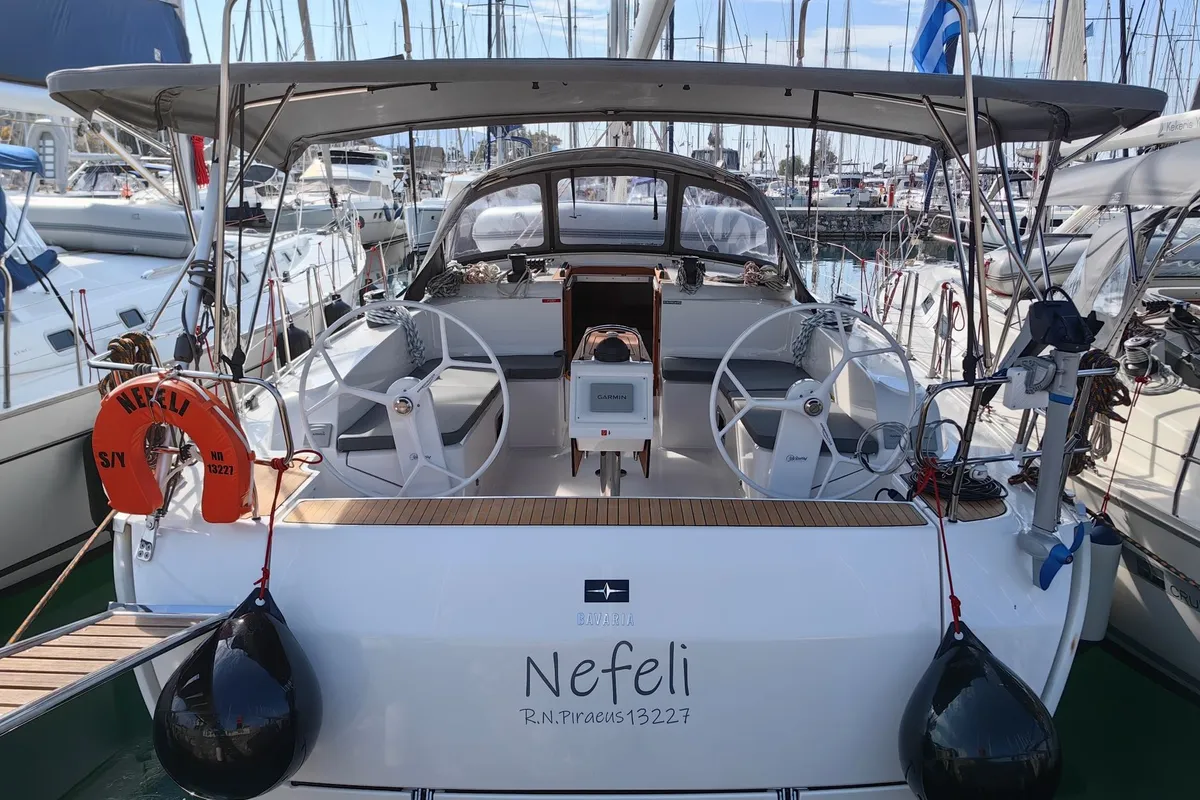 Exterior view of Nefeli, a Bavaria Cruiser 46 Style sailboat at Athens, Greece