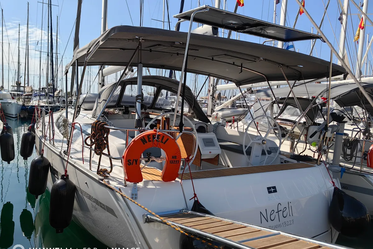 Exterior view of Nefeli, a Bavaria Cruiser 46 Style sailboat at Athens, Greece